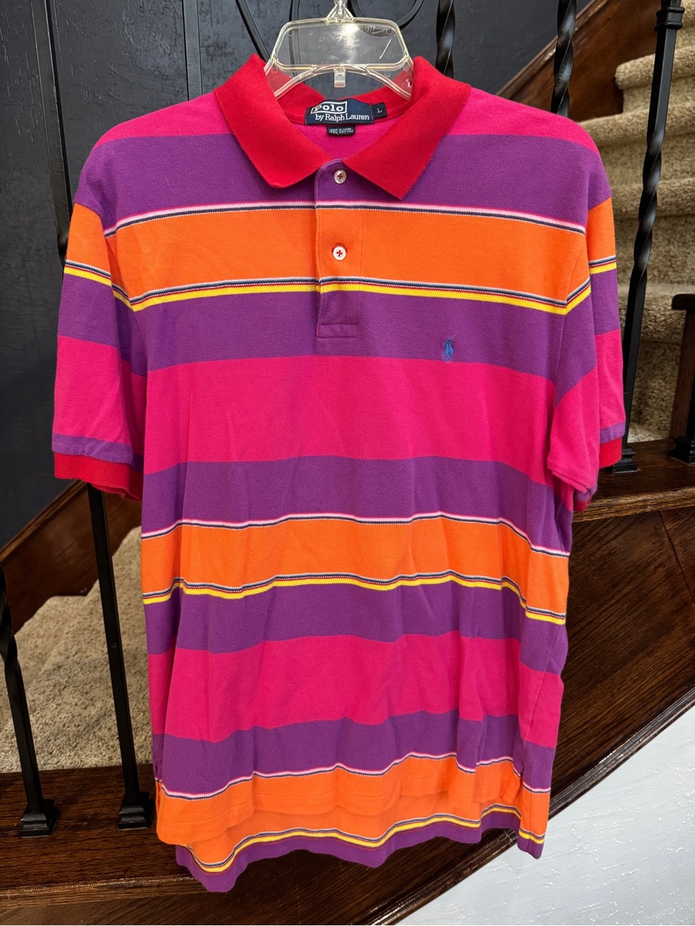 Large Polo by Ralph Lauren Men’s Red, Pink, Purple & Orange Striped Polo